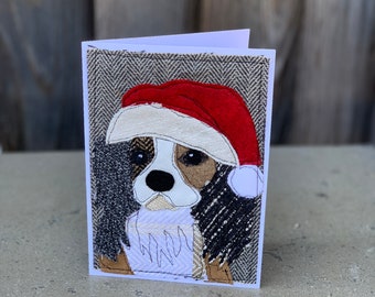 Christmas Card Spaniel Dog with Santa Hat Handmade Fabric Blank Greeting Card