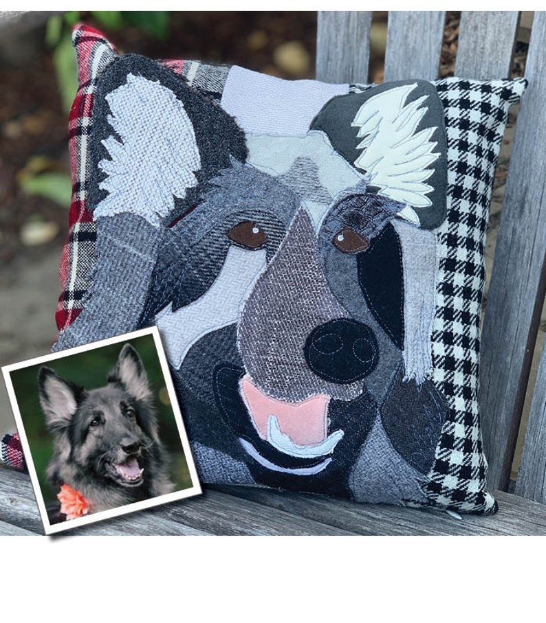 May include: A decorative dog-themed pillow featuring a patchwork design of a dog's face in shades of gray, black, and brown. The pillow has a black and white houndstooth pattern on one side and a red plaid pattern on the other. A framed photo of a dog is in the corner.