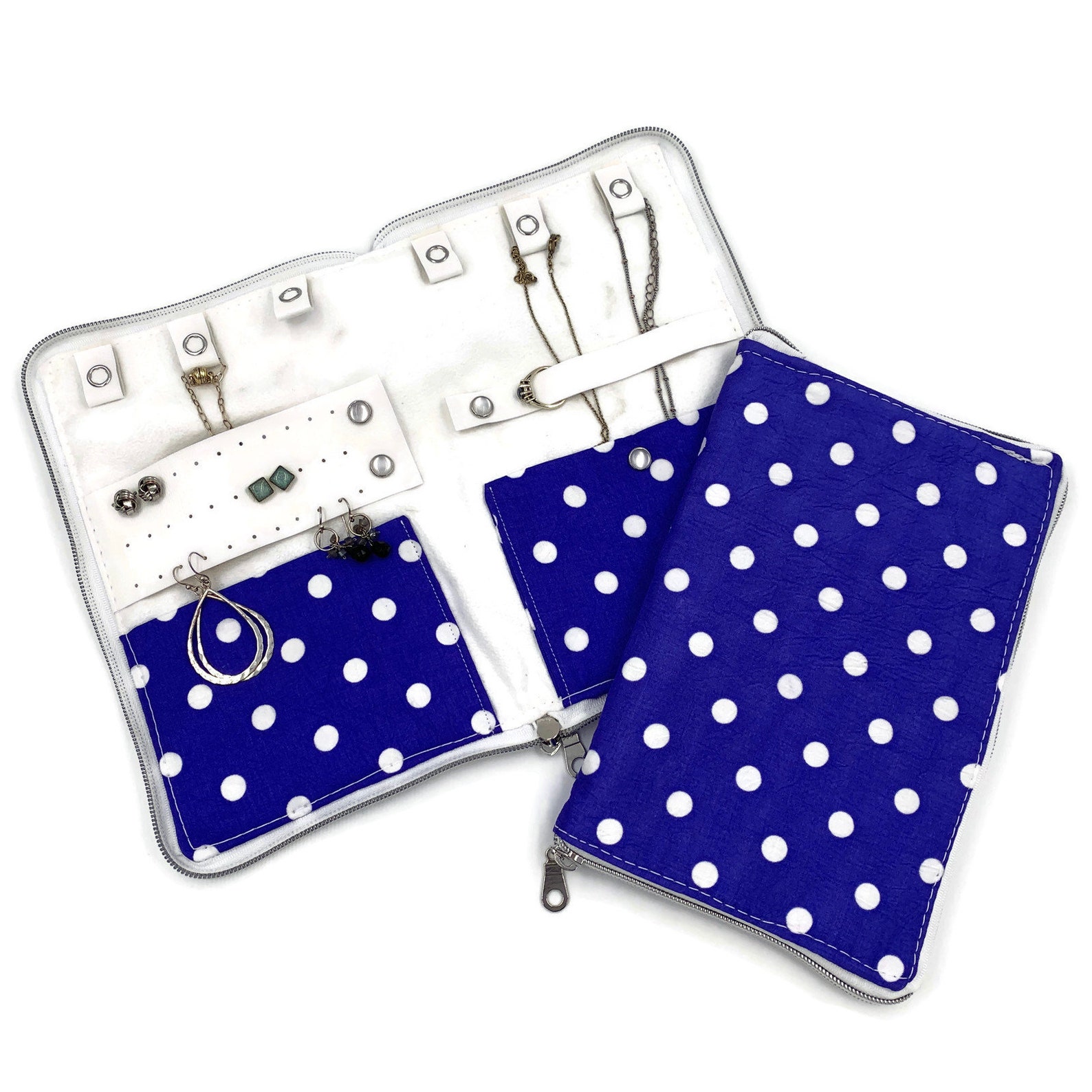 Blue Polka Dot Travel Jewelry Organizer With Earring Holder Etsy