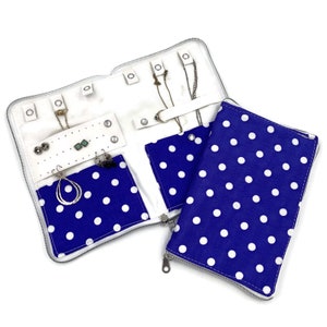Blue Polka Dot Travel Jewelry Organizer with Earring Holder, Necklace Case, Travel Accessory