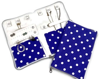 Blue Polka Dot Travel Jewelry Organizer with Earring Holder, Necklace Case, Travel Accessory