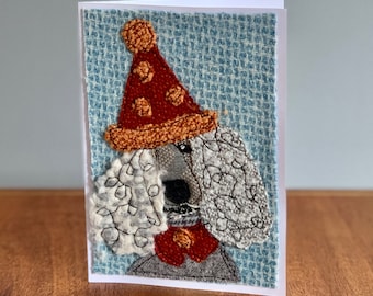 Poodle in Party Hat Dog Handmade Fabric Blank Greeting Card