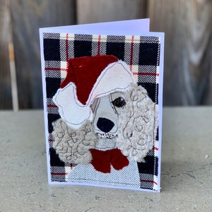 Christmas Card Poodle Dog with Santa Hat Handmade Fabric Blank Greeting Card