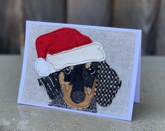 Christmas Card Dachshund Dog with Santa Hat Handmade Fabric Blank Greeting Card