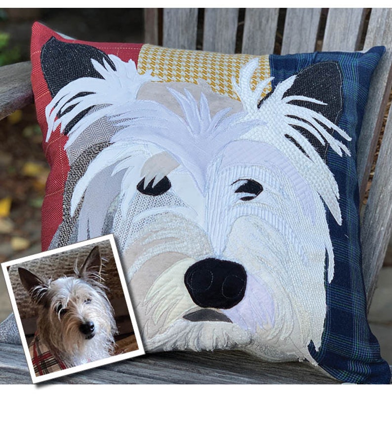 May include: Square decorative pillow featuring a detailed applique of a white dog's face. The pillow has a patchwork design with red, blue, and yellow patterned fabric. A small photo of the dog is in the lower left corner.