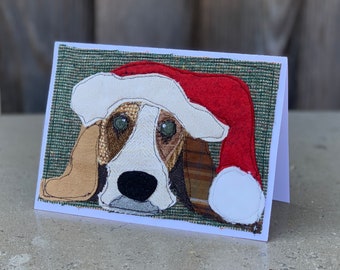 Christmas Card Basset Hound Dog with Santa Hat Handmade Fabric Blank Greeting Card