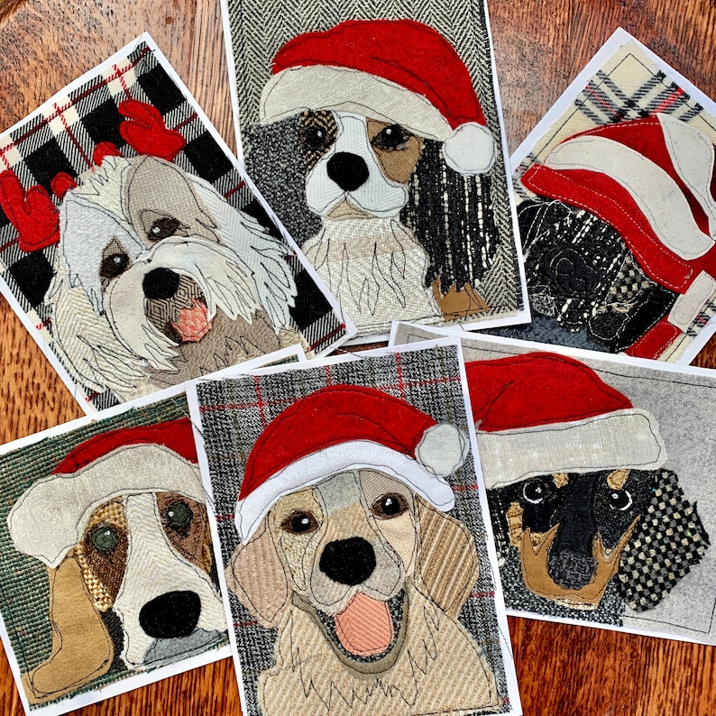 Christmas Card Golden Retriever with Santa Hat Handmade Fabric Blank Greeting Card