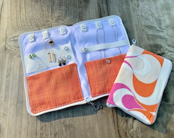 Travel Jewelry Case with Earring Holder, Necklace Organizer, Orange and Purple Travel Accessory