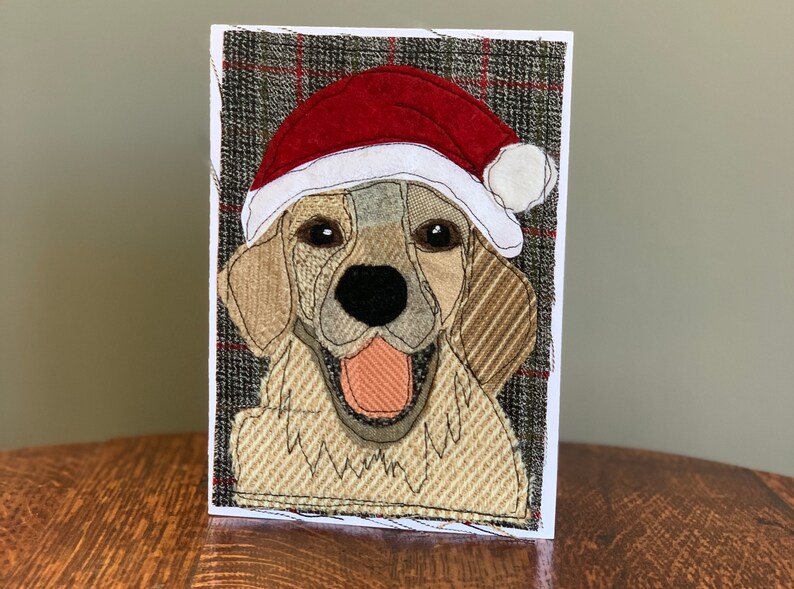 Christmas Card Golden Retriever with Santa Hat Handmade Fabric Blank Greeting Card