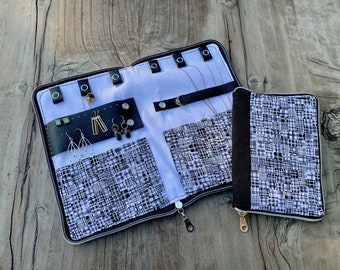 Travel Jewelry Case with Earring Holder, Necklace Organizer, Black and White Travel Accessory