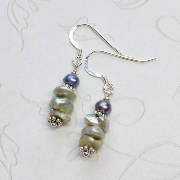 Sage Green Keshi Keishi Pearl Sterling Silver Earrings- Freshwater Pearl Earrings- Gray Green Pearls- Sundance Style- Bali Silver- Baroque