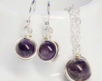 Wire Wrapped Amethyst Sterling Silver Jewelry Set – Minimalist Necklace and Earrings