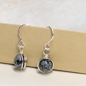 Petite Black Gray Drop Earrings- Snowflake Obsidian- Silver Framed- Minimalist Modern Simple Earrings- Sterling Silver- Wire Wrapped