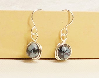 Sterling Silver Wire Wrapped Snowflake Obsidian Earrings