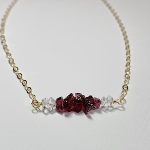 Raw Garnet Herkimer Diamond Gold-Filled Necklace- Sundance Style- Natural Jewelry- Rough Gemstones- Real Gold- Layering- Gemstone Bar- Gift