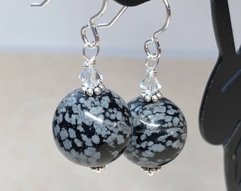 Snowflake Obsidian Swarovski Crystal Sterling Silver Earrings- Sundance Style- Black and White Jewelry- Bali Silver- Boho earrings- Neutral