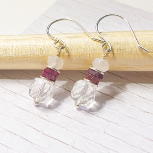 Ruby, Rose Quartz and Clear Quartz cube Sterling .925 Earrings- Square Heishe - Stone Stack- Pink Artisan Handmade Jewelry- 1.25 inches