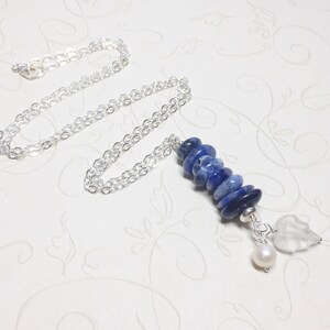 Sodalite Necklace- Sterling Silver- Cairn Stone Stack- Meditation Necklace- Yoga Jewelry- Sundance Style- Pearl Necklace- Nature-Layering-