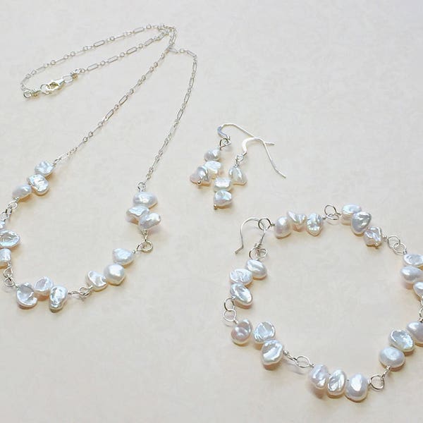 Pearl Jewelry Set- Bridal Jewelry Set- Keishi Petal Pearls- Sterling Silver Pearl Jewelry- Pearl Bracelet- Pearl Necklace- Pearl Earrings