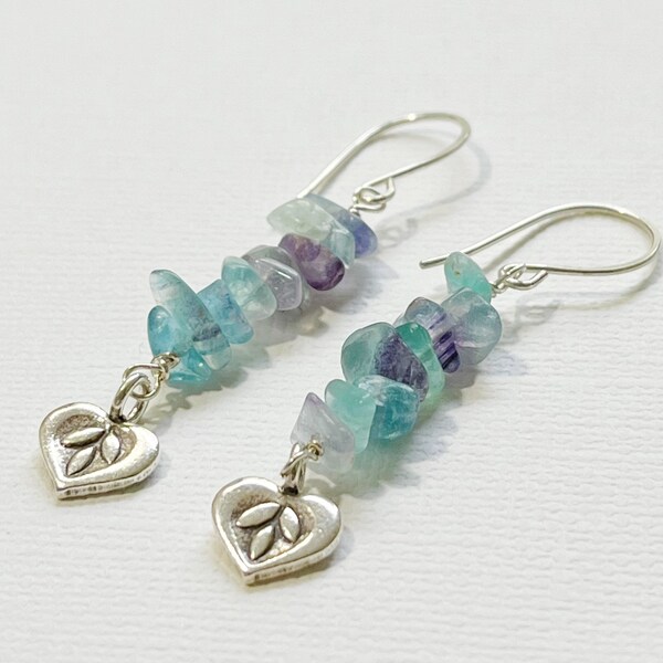 Fluorite Nugget Hill Tribe Silver Earrings- Watercolor earrings- Heart Charms- Aquamarine Amethyst- Sundance Style- Long- Boutique Elegant