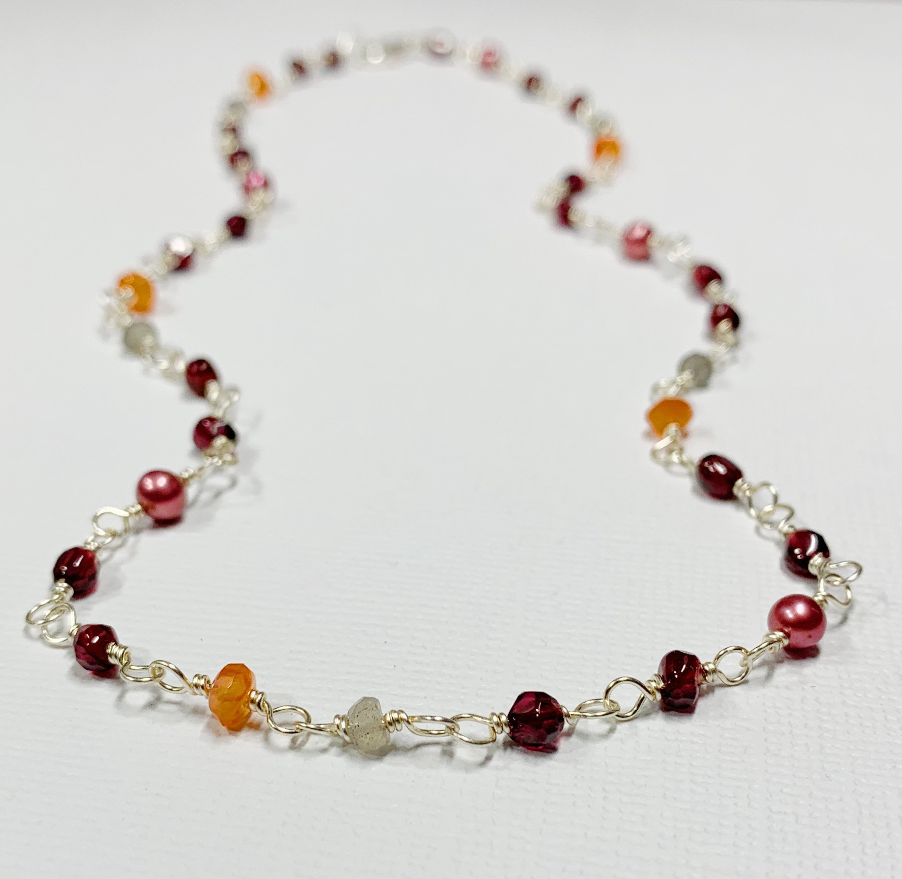 ★HARANG★ HR 50N_Pearl Point Garnet Labradorite Beads Neckl Multi-gemstone Garnet Pearl Labradorite Carnelian Sterling
