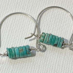 Sterling Silver Hoop Earrings with Gemstones- Genuine Turquoise Earrings Hinged Hoops- Sundance Style- Modern Minimalist Simple Small Petite