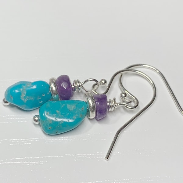 Sleeping Beauty Turquoise Amethyst Earrings- Sundance Style- Hill Tribe Silver- Purple and Blue gemstone jewelry- Sterling Earwires