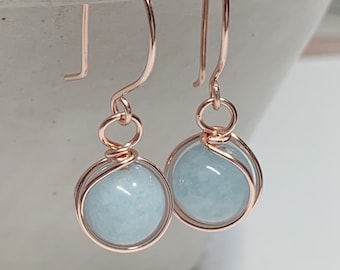 Aquamarine Rose Gold Wire Wrap Earrings – Handmade Gemstone Jewelry