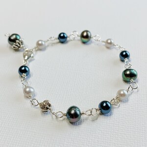 Hand Wrapped Sterling Silver Peacock Pearl Bracelet – Adjustable Length