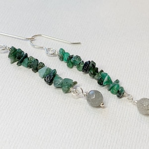 Emerald and Labradorite Earrings- Sterling Silver- Green Gray Jewelry- Sundance Style- Long Statement- Genuine Gemstones- Chunky Raw Stones