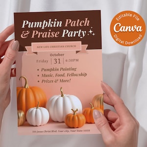 Pode incluir: Um folheto para uma "Pumpkin Patch & Praise Party" com texto e ilustrações. O folheto inclui a data, hora e atividades. O design apresenta abóboras laranja e brancas. O folheto é segurado por duas mãos.