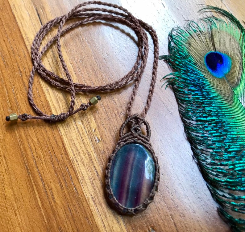 Fluorite macrame necklace stone of balance healing crystal fluorite pendant adjustable necklace