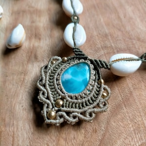 Larimar necklace with cowrie shells