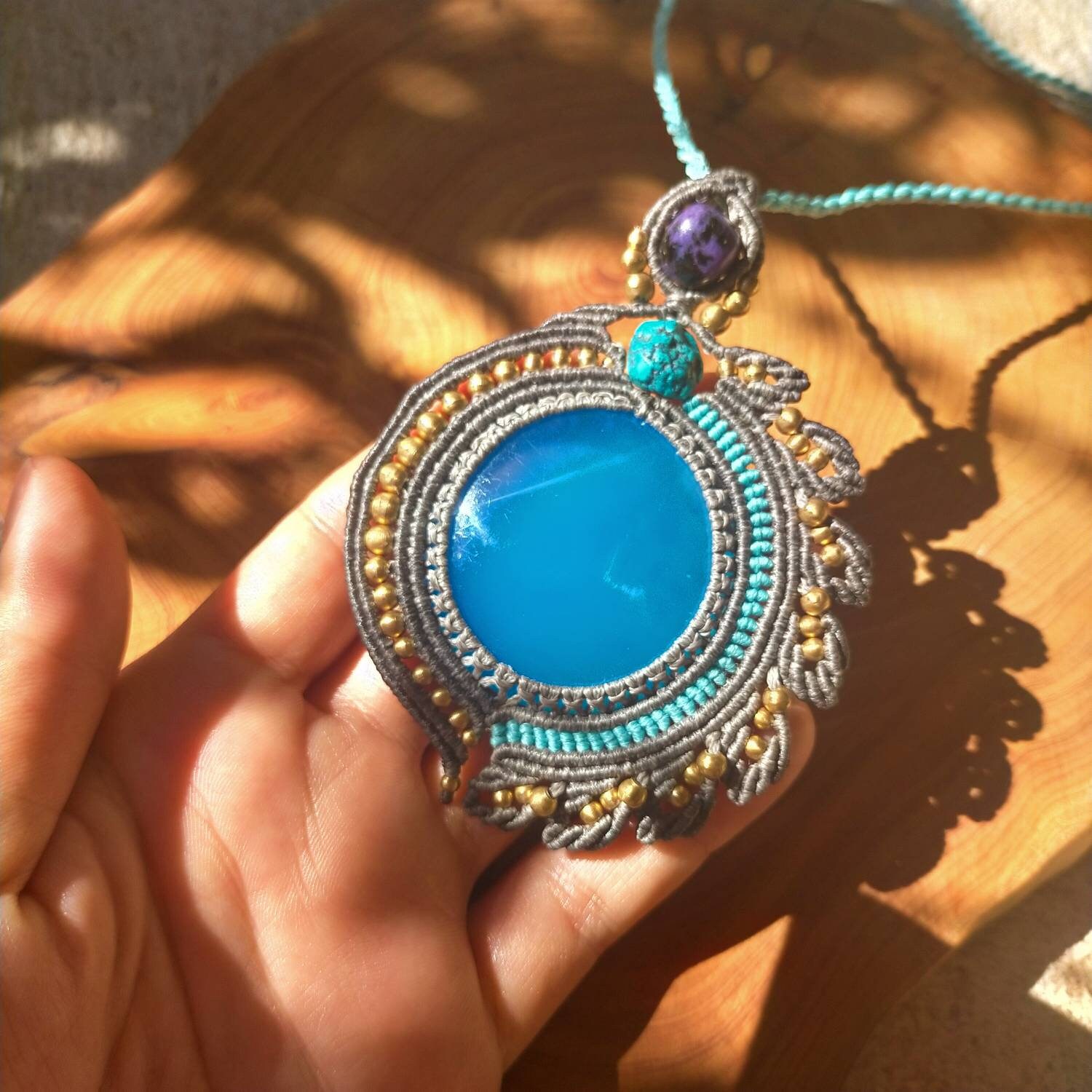 Blue Onyx Macrame Necklace Blue Necklace Large Onyx Necklace