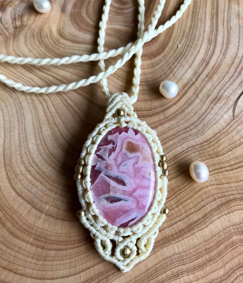 for her pink and white Rodochrosite macrame pendant pink stone stone of love