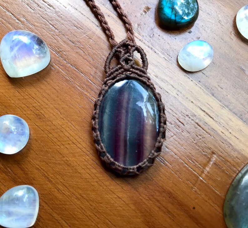 Fluorite macrame necklace stone of balance healing crystal fluorite pendant adjustable necklace