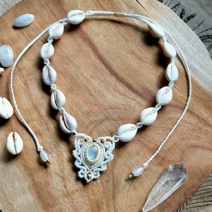 Moonstone necklace with cowrie shells
