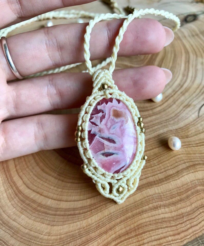 for her pink and white Rodochrosite macrame pendant pink stone stone of love