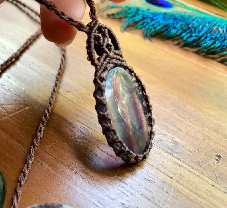Fluorite macrame necklace stone of balance healing crystal fluorite pendant adjustable necklace