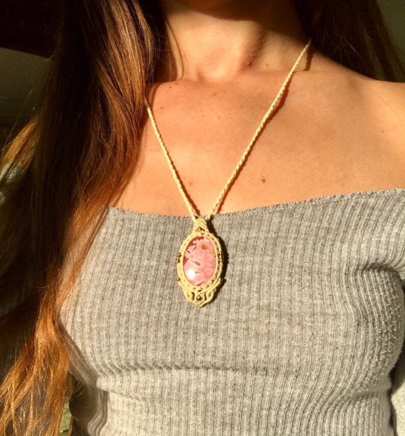 for her pink and white Rodochrosite macrame pendant pink stone stone of love