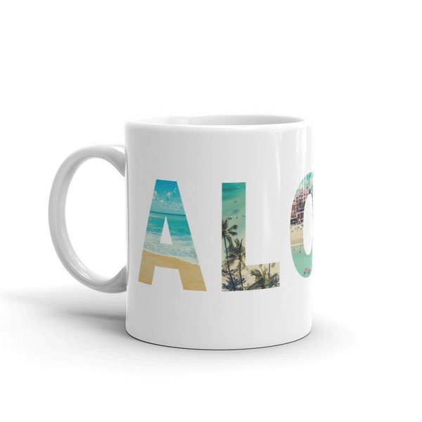 Aloha Mug / Hawaii Coffee Mug / Oahu Beach palm tree plumeria flower sunset Waikiki Mug / 11oz 15oz