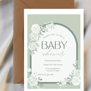 Sage Green Baby Shower Invite, Gender Neutral, Botanical baby shower, Digital, Editable, Foliage, Greenery Baby Shower Arch Invitation