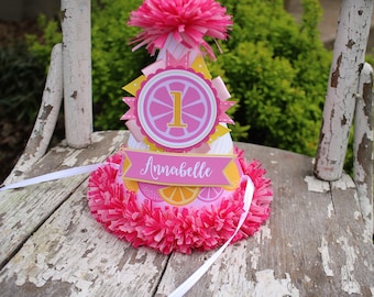 Pink Lemonade Party Hat - First Birthday Birthday Party Hat - Pink Lemonade First Birthday - Lemonade Girl Birthday Pink & Yellow