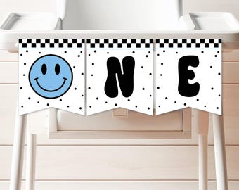 Bannière Happy Dude pour chaise haute : smiley bleu clair (PDF imprimable)
