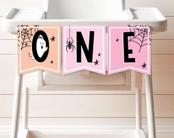 Bannière rose pour chaise haute fantôme effrayant : décoration d'Halloween pour le premier anniversaire (PDF)