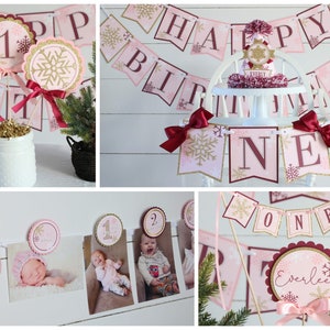 Winter Onederland DELUXE BIRTHDAY Package - High Chair Banner, Photo Banner, Happy Birthday Banner, Party Hat, Centerpiece, Cake Topper