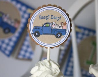 Little Blue Truck Cupcake Toppers - Little Blue Truck Birthday Party - Truck First Birthday Cupcake Picks