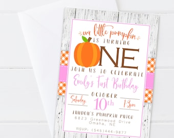 Pumpkin Girl Birthday Invitation - Pumpkin First Birthday - Little Pumpkin Birthday Pink/Orange - Digital/Printable OR Printed & Shipped!