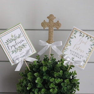 Baptism Centerpiece Sticks, Greenery & Gold Baptism Table Decorations, Christening First Communion Centerpiece Decor, Cross Religious Decor