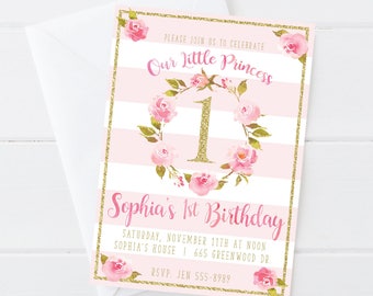 Pink and Gold Floral First Birthday Invitation - Watercolor Pink Birthday - Girl First Birthday - Digital/Printable OR Printed & Shipped!